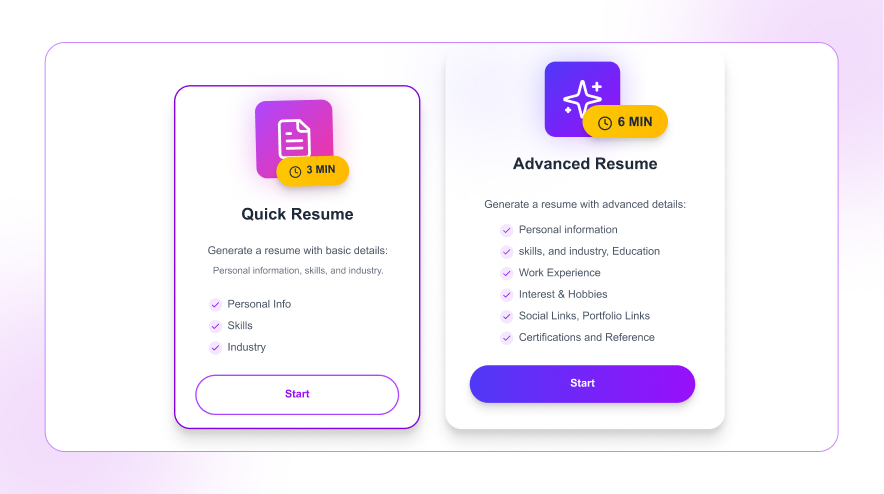 Choose Resume Type on talentanywhere.ai select quick or advanced resume option on talentanywhere.ai
