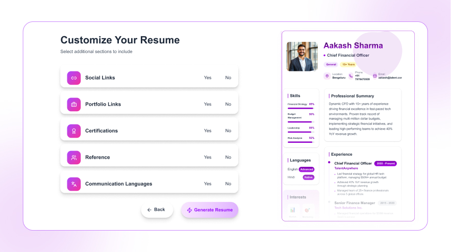 Enter Resume Details fill in resume details using live editor on talentanywhere.ai