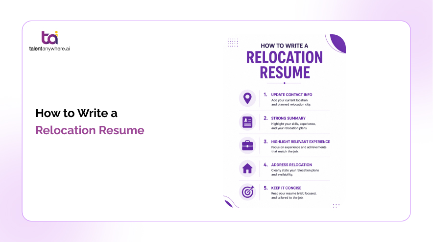 Relocation resume example showing willingness to relocate in the header and summary sections