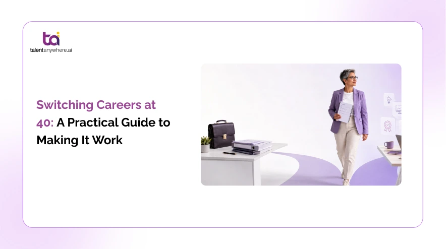 professional planning a career change at 40 with a laptop and notes